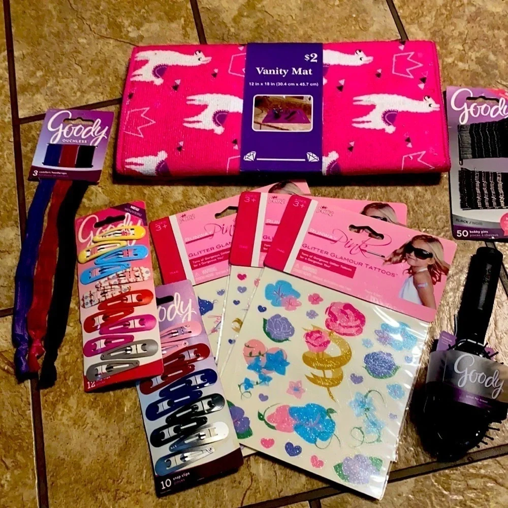 Girl’s Temporary Tattoo/Hair Accessories Bundle Goody Hair Clips Hairbrush